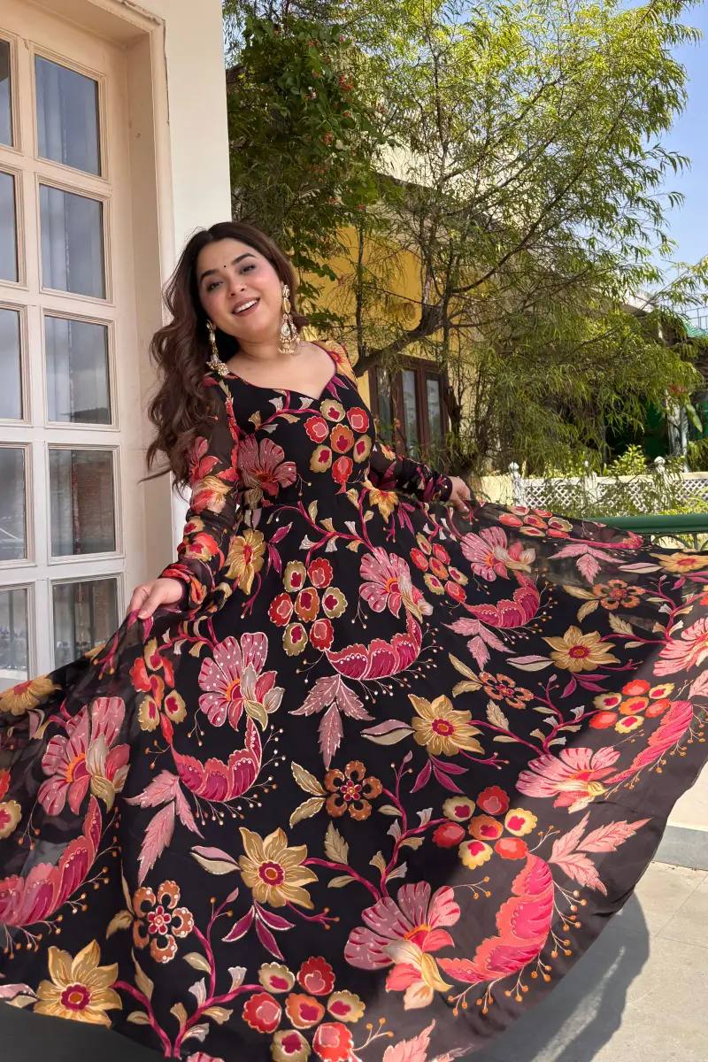 MIDNIGHT BLOOM FLORAL PRINTED FLARED ANARKALI GOWN WITH CONTRAST DUPATTA