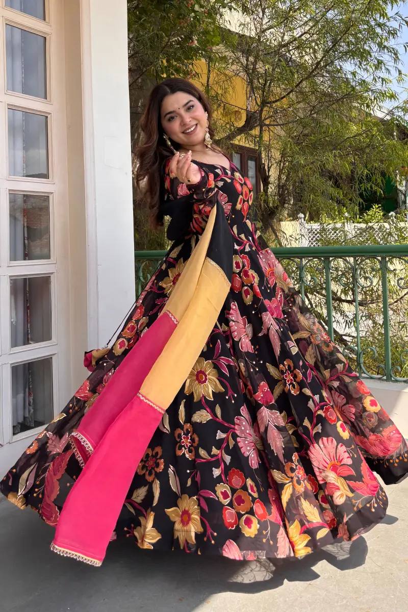 MIDNIGHT BLOOM FLORAL PRINTED FLARED ANARKALI GOWN WITH CONTRAST DUPATTA