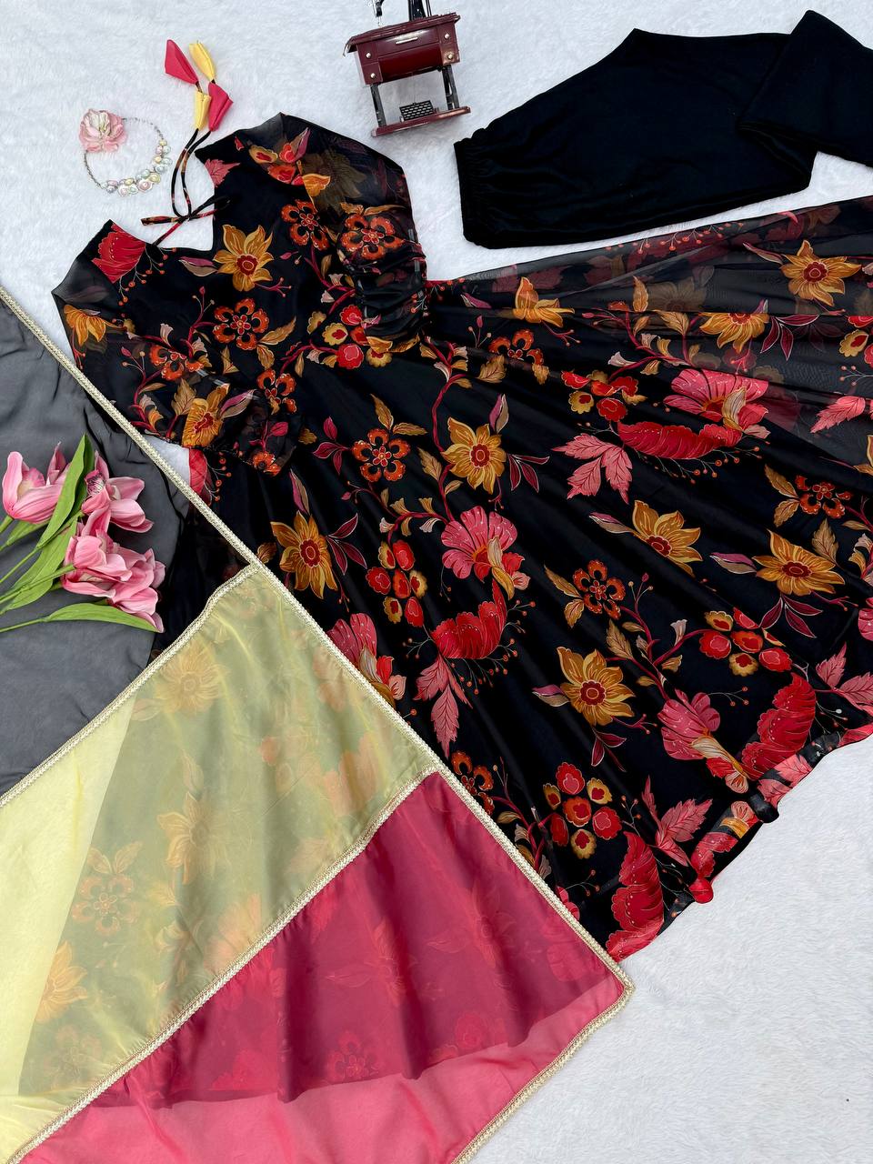 MIDNIGHT BLOOM FLORAL PRINTED FLARED ANARKALI GOWN WITH CONTRAST DUPATTA