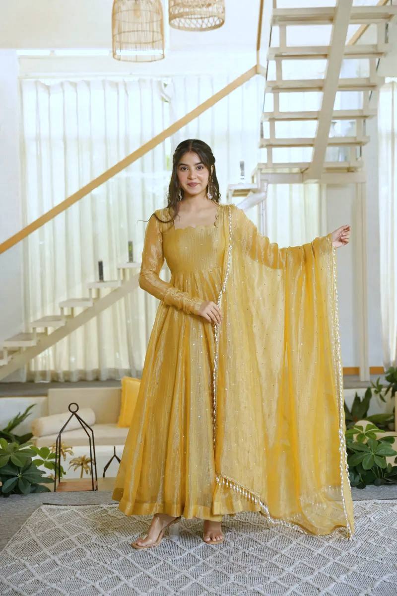 DESIGNER GOLDEN YELLOW FOIL EMBELLISHED FLARED ANARKALI SUIT SET