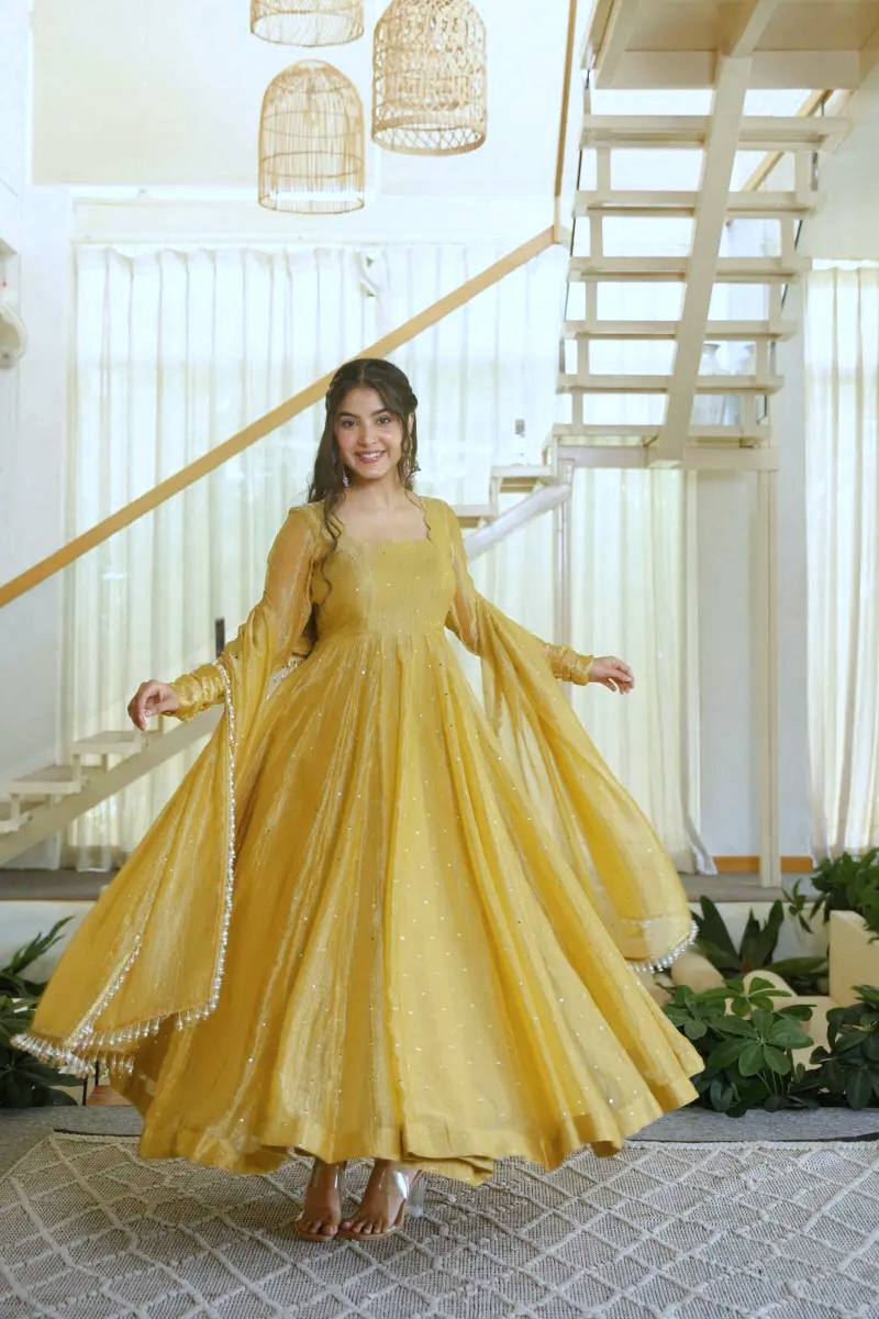DESIGNER GOLDEN YELLOW FOIL EMBELLISHED FLARED ANARKALI SUIT SET
