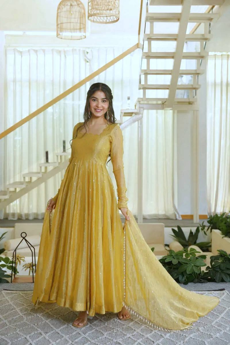 DESIGNER GOLDEN YELLOW FOIL EMBELLISHED FLARED ANARKALI SUIT SET