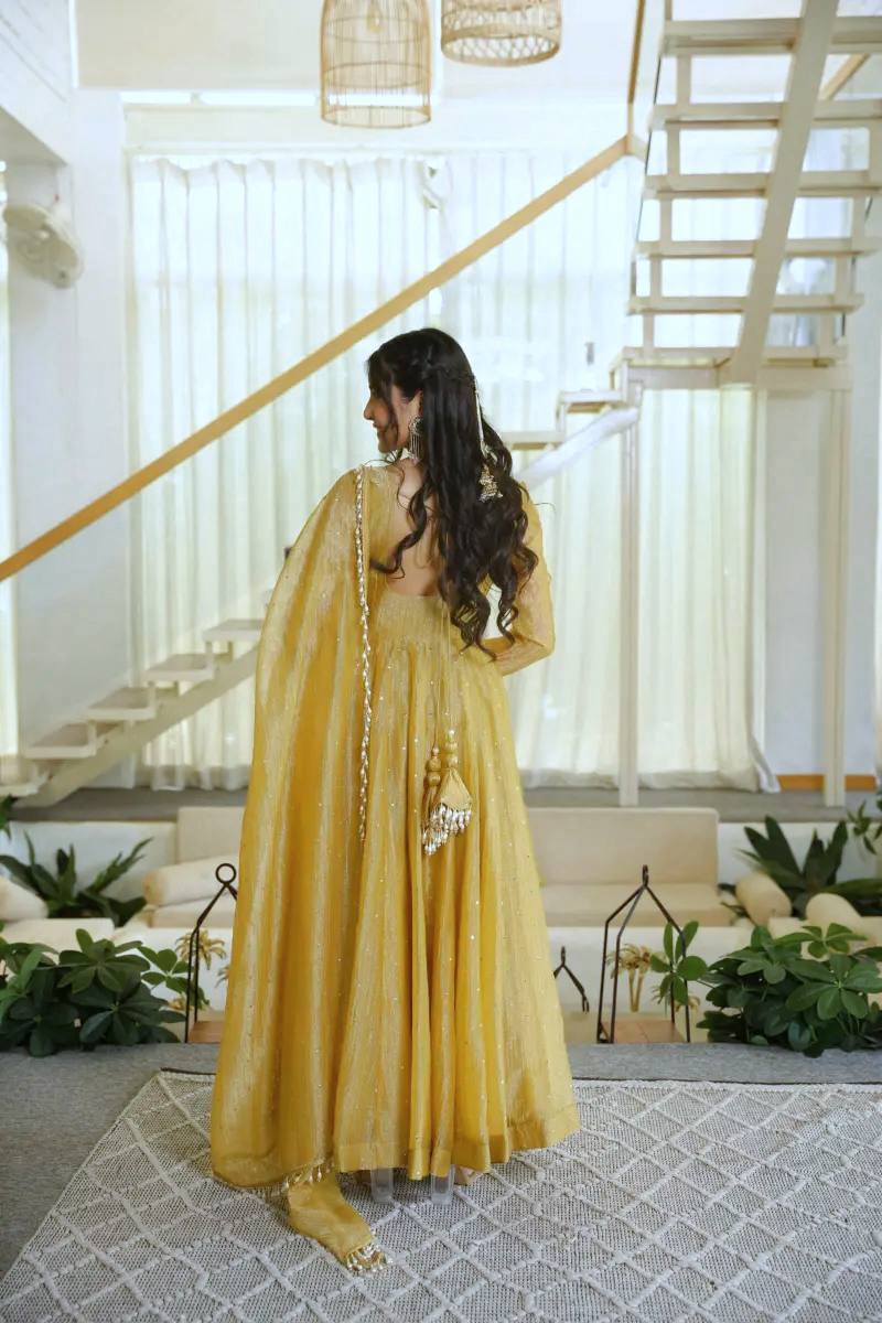 DESIGNER GOLDEN YELLOW FOIL EMBELLISHED FLARED ANARKALI SUIT SET