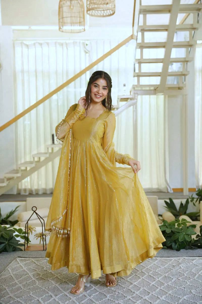 DESIGNER GOLDEN YELLOW FOIL EMBELLISHED FLARED ANARKALI SUIT SET