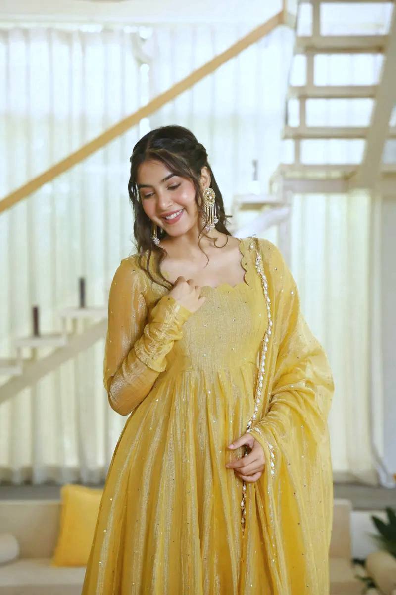 DESIGNER GOLDEN YELLOW FOIL EMBELLISHED FLARED ANARKALI SUIT SET