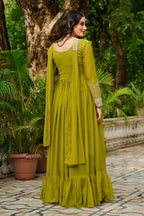 DARK MUSTARD COLOR STAR GEORGETTE EMBROIDERED GOWN