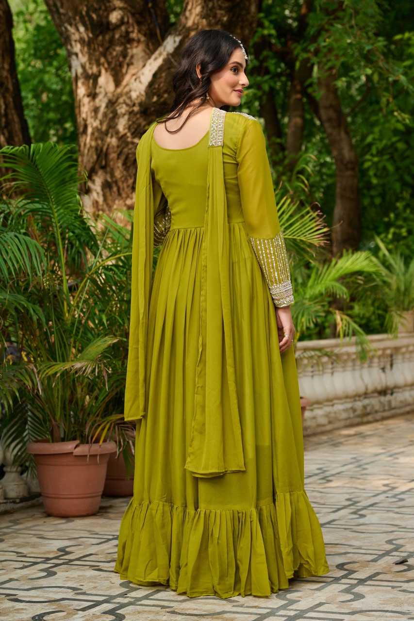 DARK MUSTARD COLOR STAR GEORGETTE EMBROIDERED GOWN