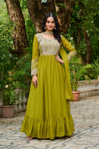 DARK MUSTARD COLOR STAR GEORGETTE EMBROIDERED GOWN