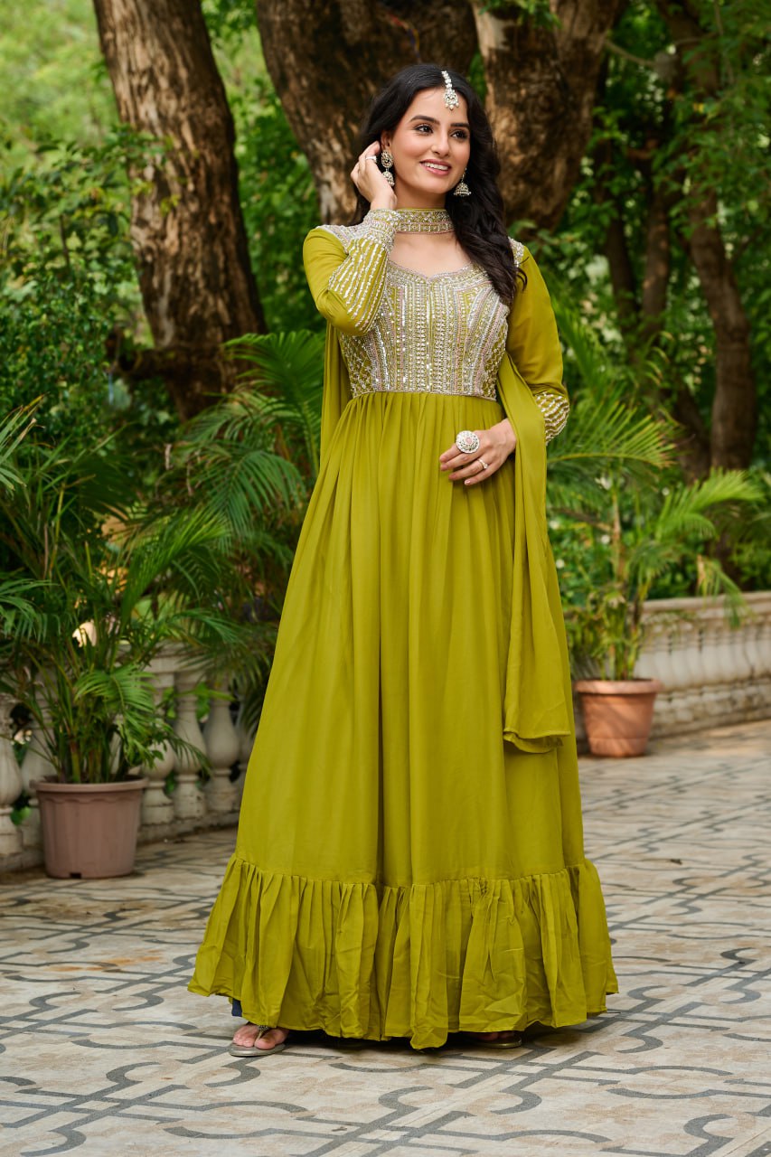 DARK MUSTARD COLOR STAR GEORGETTE EMBROIDERED GOWN