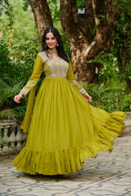 DARK MUSTARD COLOR STAR GEORGETTE EMBROIDERED GOWN
