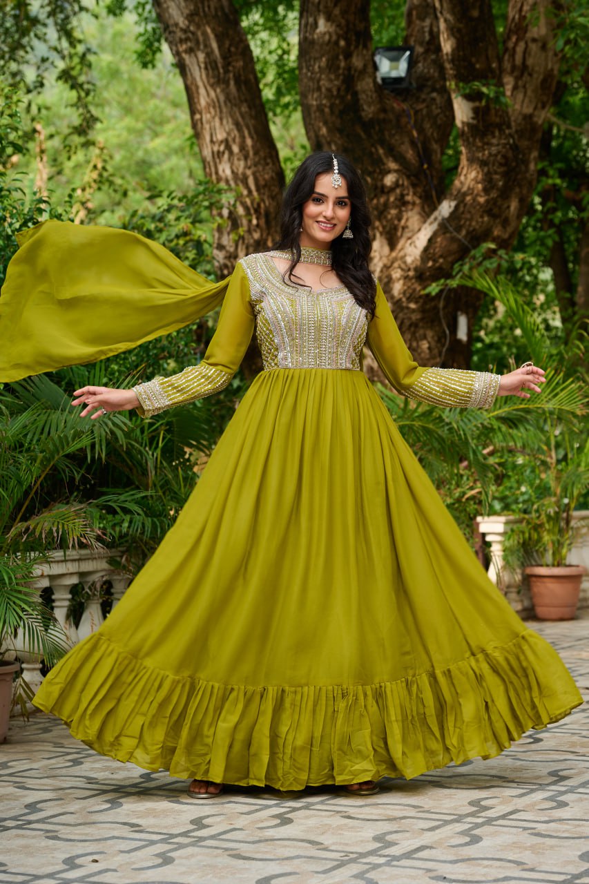 DARK MUSTARD COLOR STAR GEORGETTE EMBROIDERED GOWN