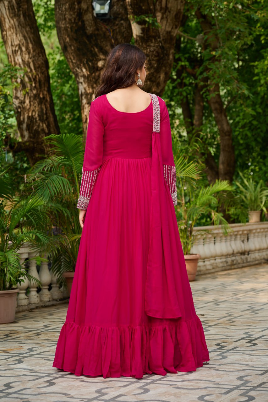 DARK HOT PINK COLOR STAR GEORGETTE EMBROIDERED GOWN