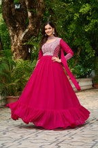 DARK HOT PINK COLOR STAR GEORGETTE EMBROIDERED GOWN