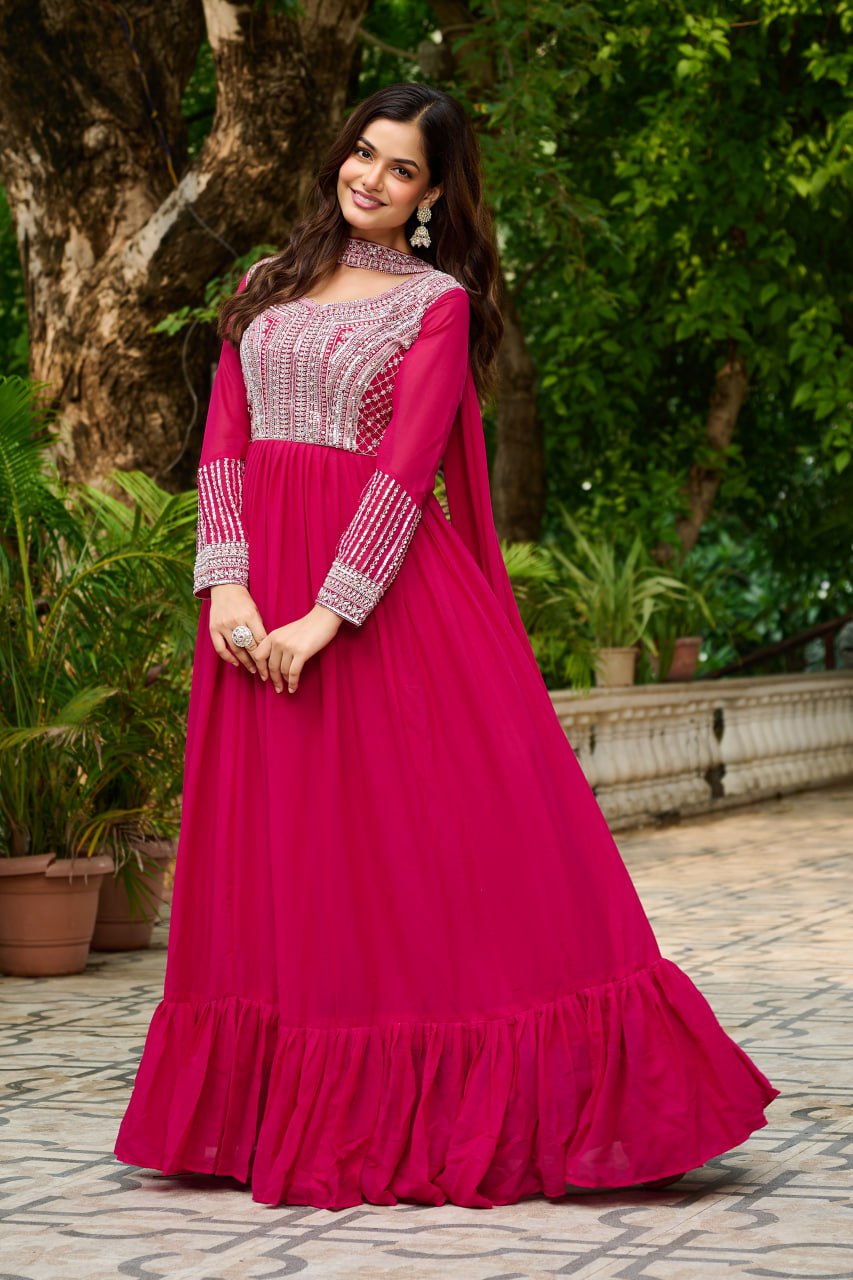 DARK HOT PINK COLOR STAR GEORGETTE EMBROIDERED GOWN