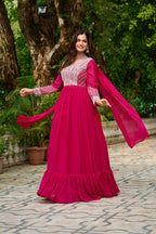 DARK HOT PINK COLOR STAR GEORGETTE EMBROIDERED GOWN