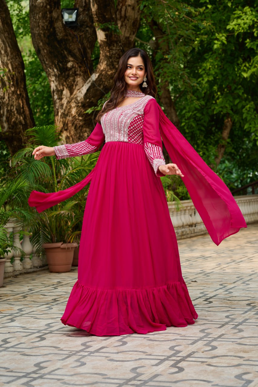 DARK HOT PINK COLOR STAR GEORGETTE EMBROIDERED GOWN