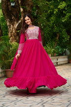 DARK HOT PINK COLOR STAR GEORGETTE EMBROIDERED GOWN