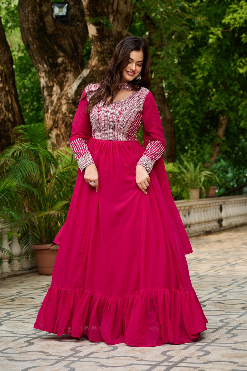 DARK HOT PINK COLOR STAR GEORGETTE EMBROIDERED GOWN