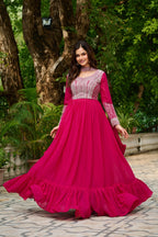 DARK HOT PINK COLOR STAR GEORGETTE EMBROIDERED GOWN