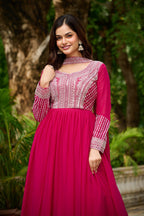 DARK HOT PINK COLOR STAR GEORGETTE EMBROIDERED GOWN