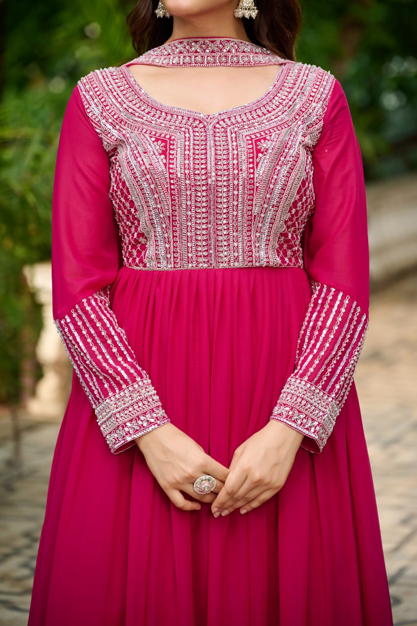 DARK HOT PINK COLOR STAR GEORGETTE EMBROIDERED GOWN