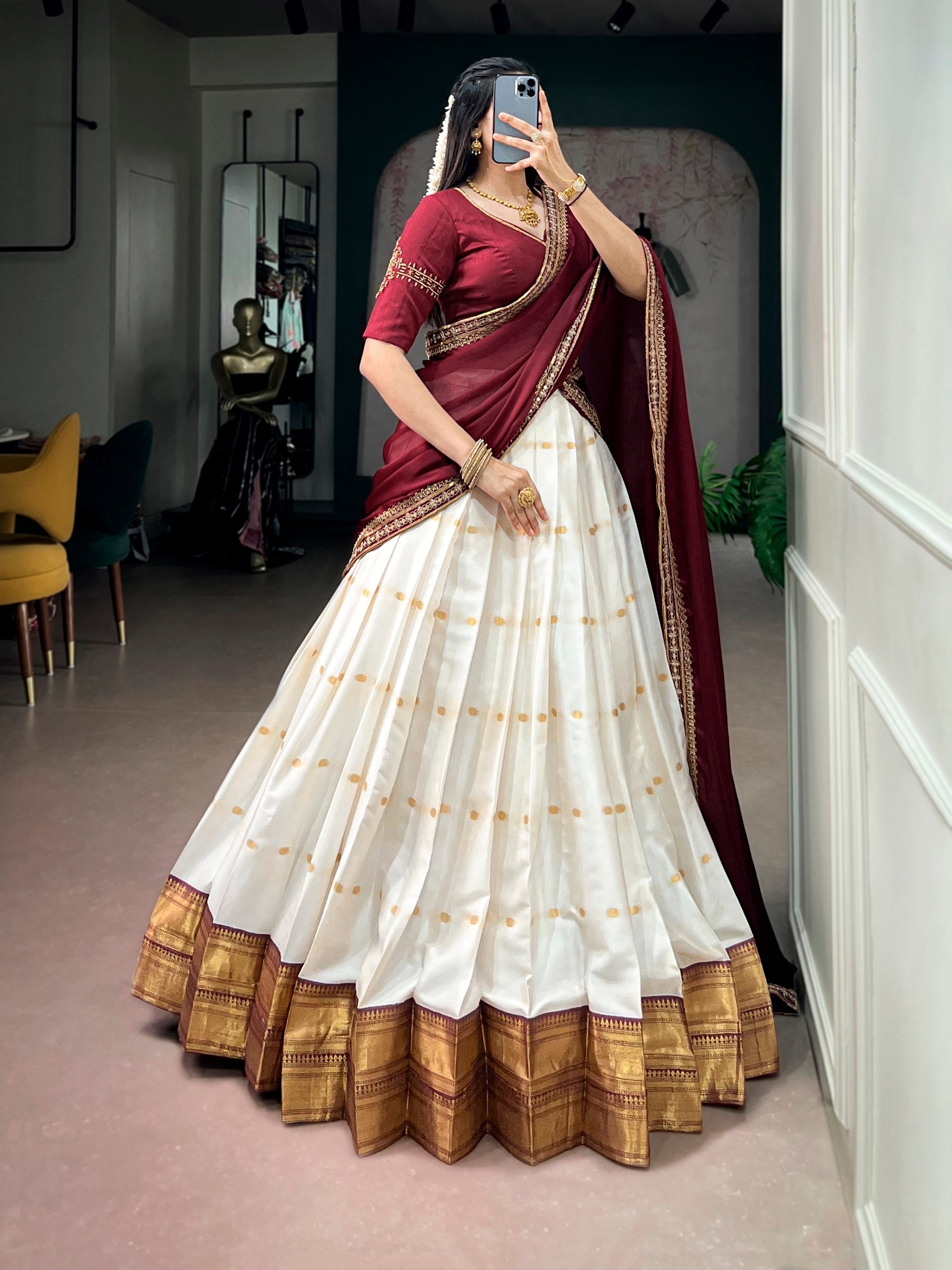 OFF WHITE SILK COTTON SOUTH INDIAN HALF SAREE SET