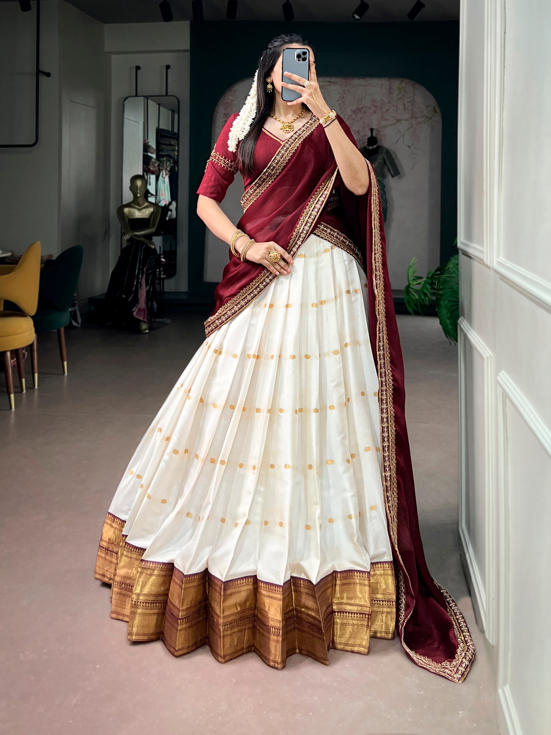 OFF WHITE SILK COTTON SOUTH INDIAN HALF SAREE SET
