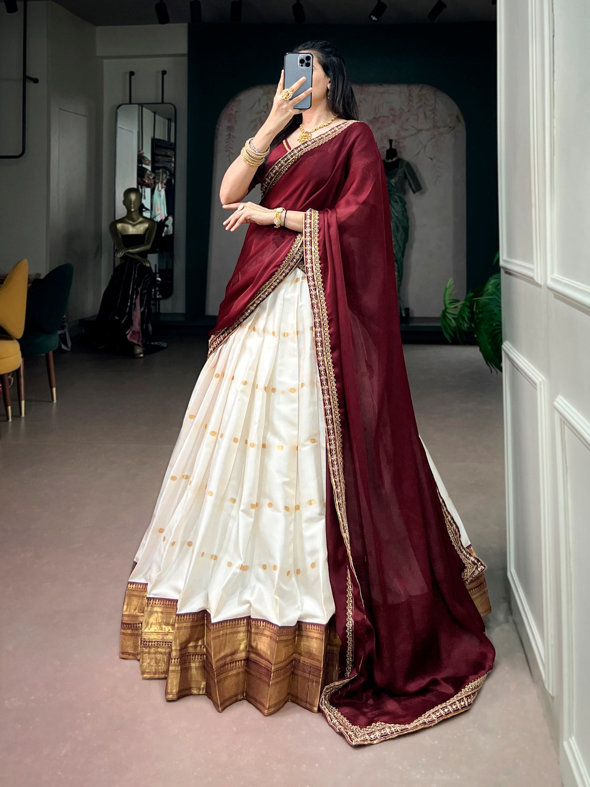 OFF WHITE SILK COTTON SOUTH INDIAN HALF SAREE SET