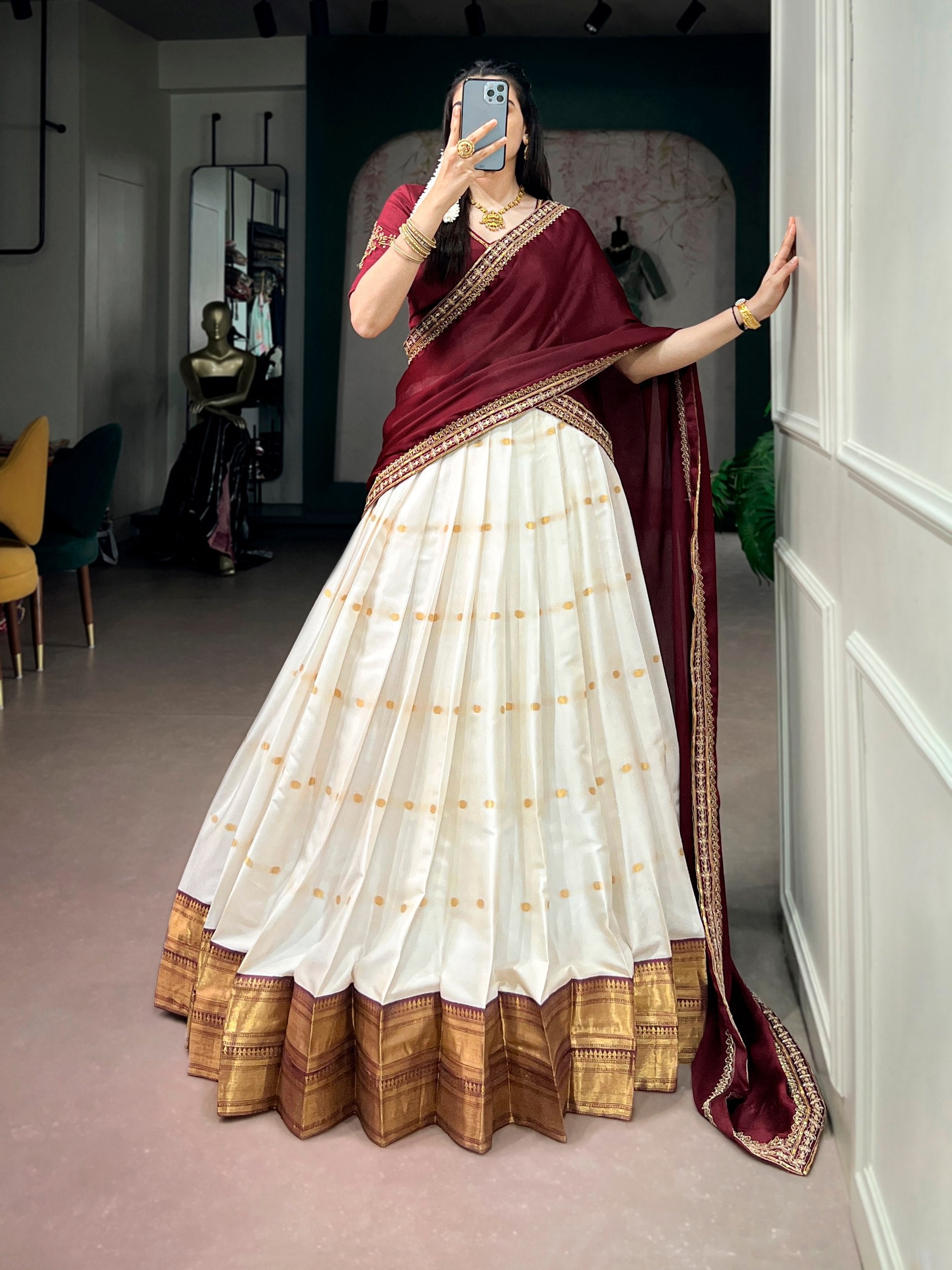 OFF WHITE SILK COTTON SOUTH INDIAN HALF SAREE SET