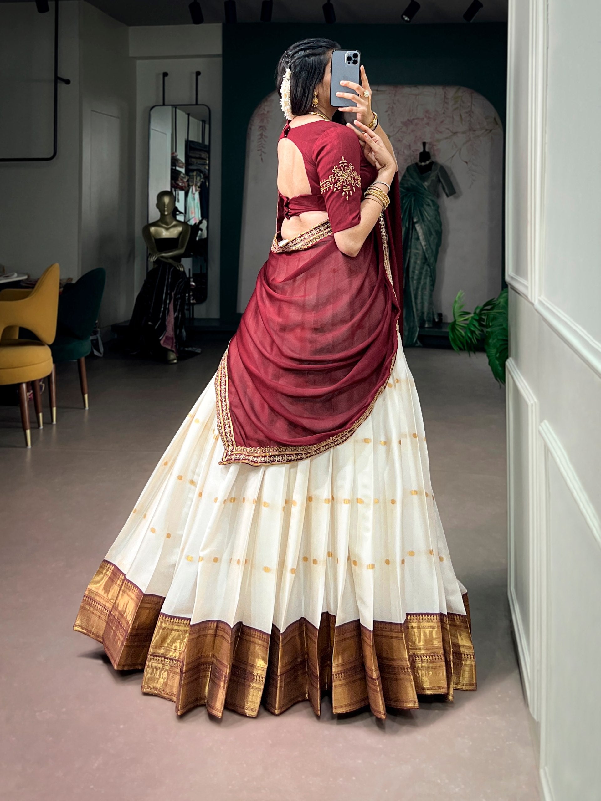 OFF WHITE SILK COTTON SOUTH INDIAN HALF SAREE SET