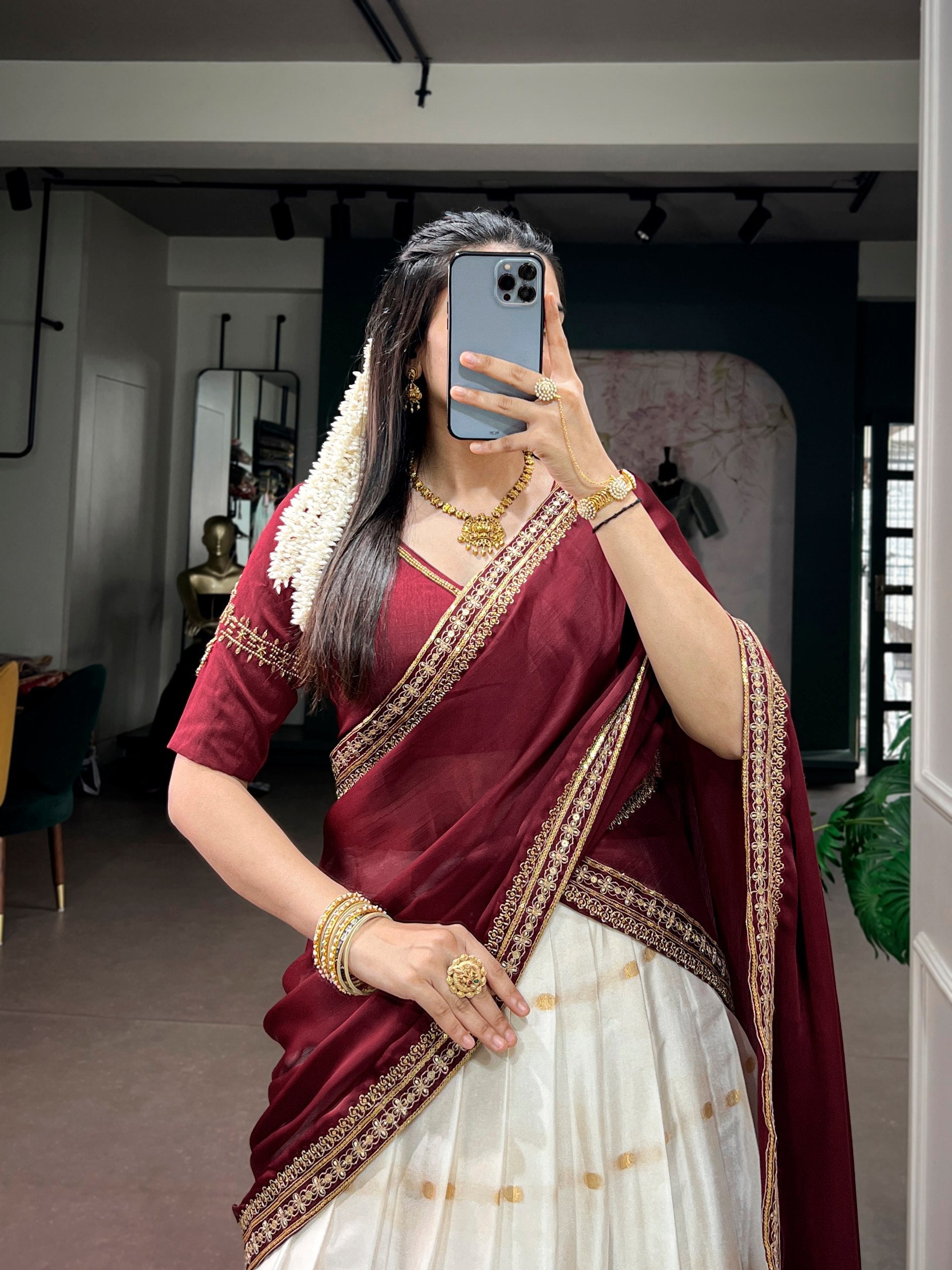 OFF WHITE SILK COTTON SOUTH INDIAN HALF SAREE SET