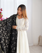 WHITE COLOR SOFT VICHITRA SILK ANARKALI WITH BLACK DUPATTA