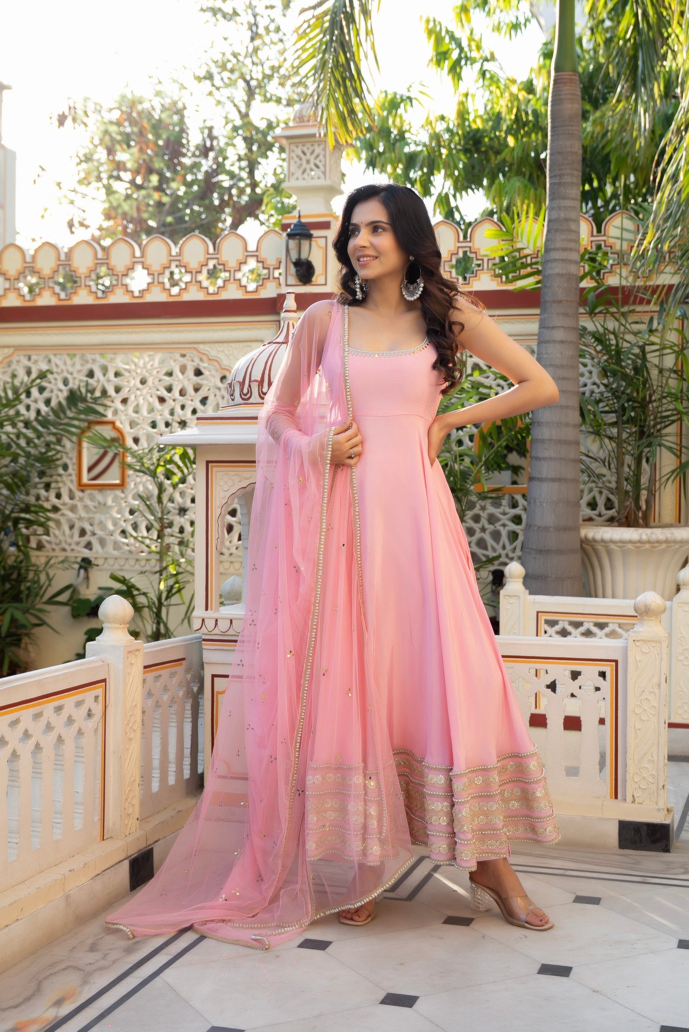 PINK COLOR MIRROR WORK ANARKALI SET