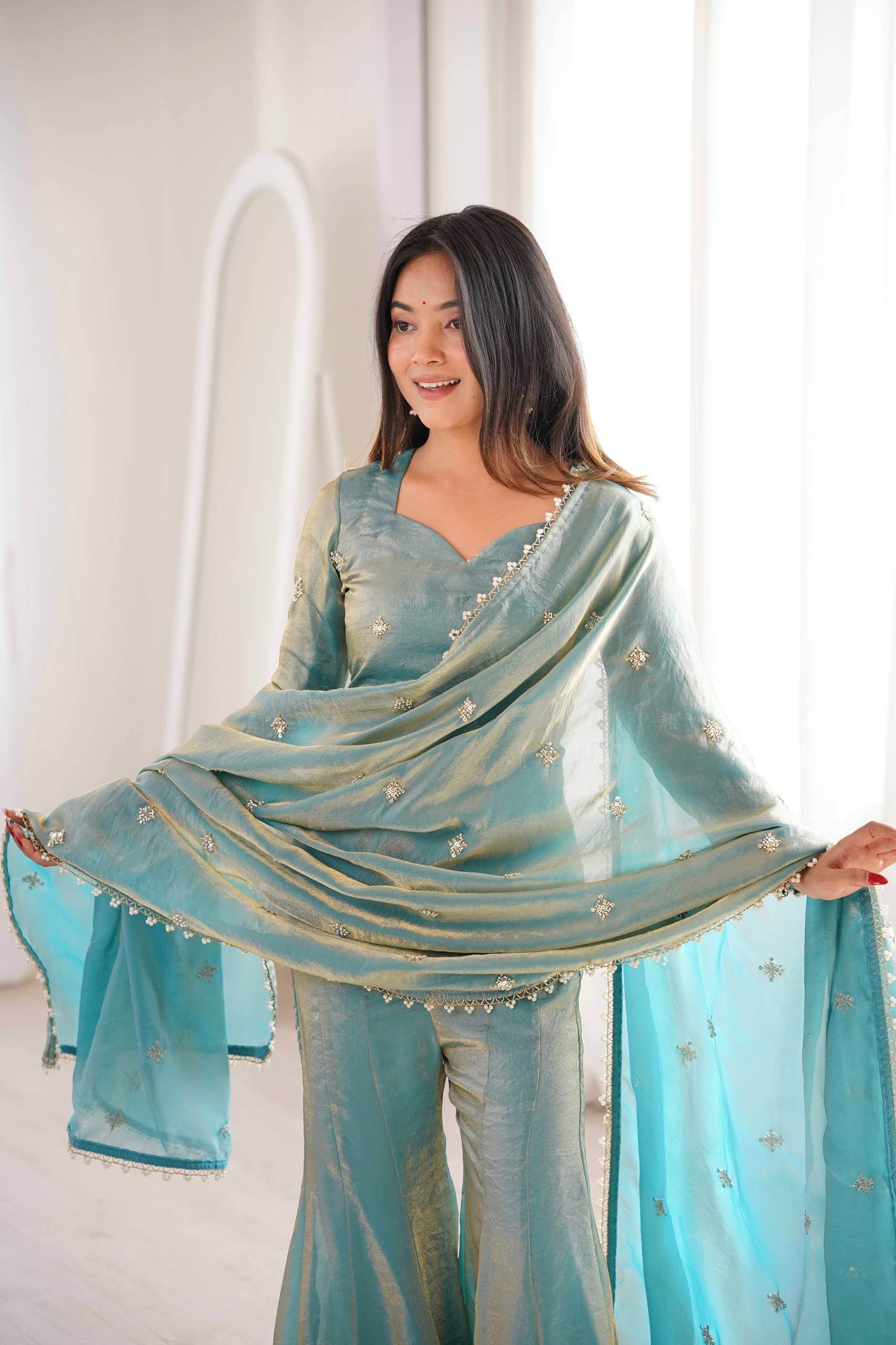 ETHNICVOUGE PREMIUM FENDI SILK BASE EMBROIDERED SALWAR SUIT SET OF 3