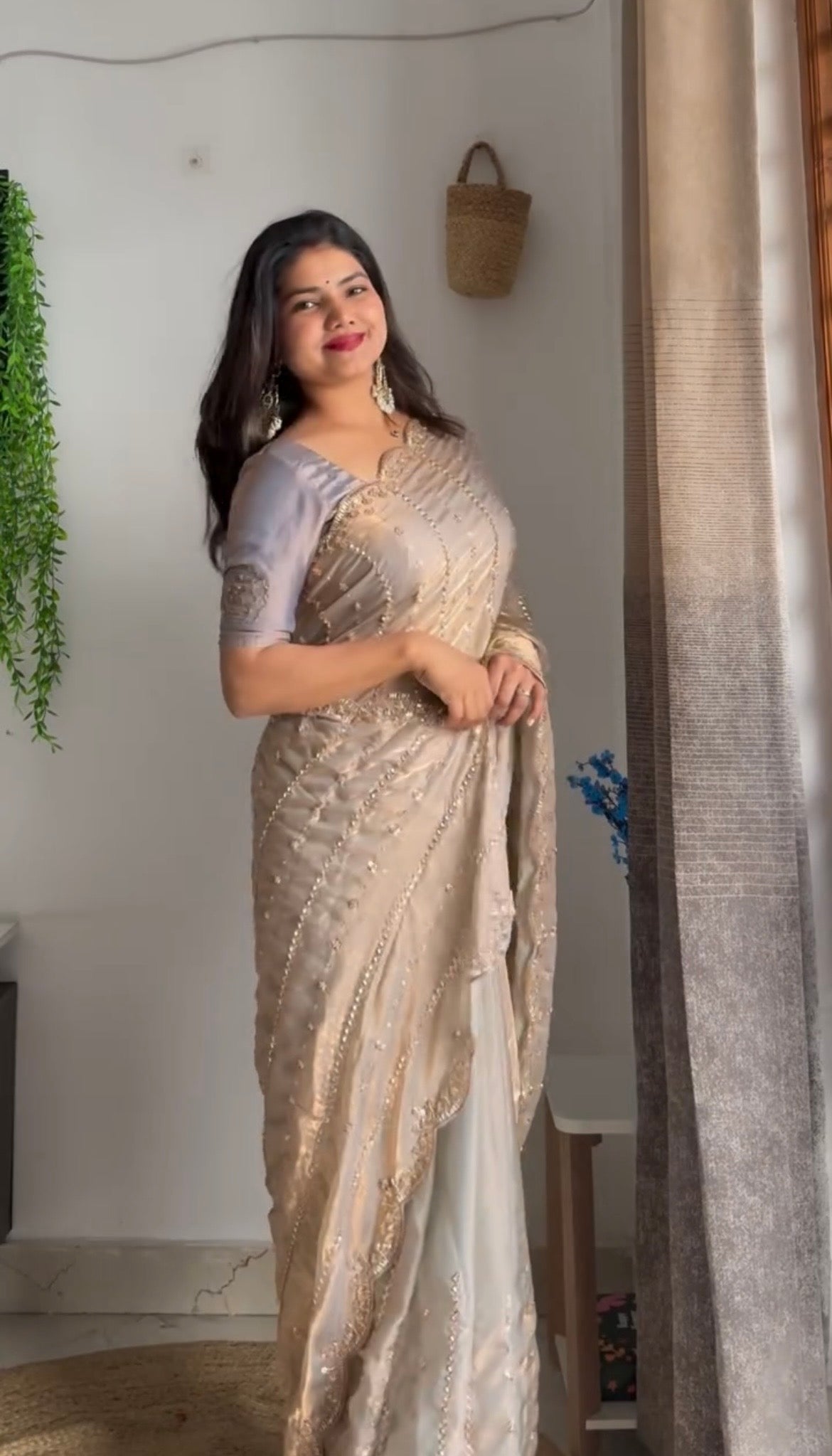 BEIGE COLOR WEDDING WEAR SPACE SILK FABRIC HANDWORK SAREE