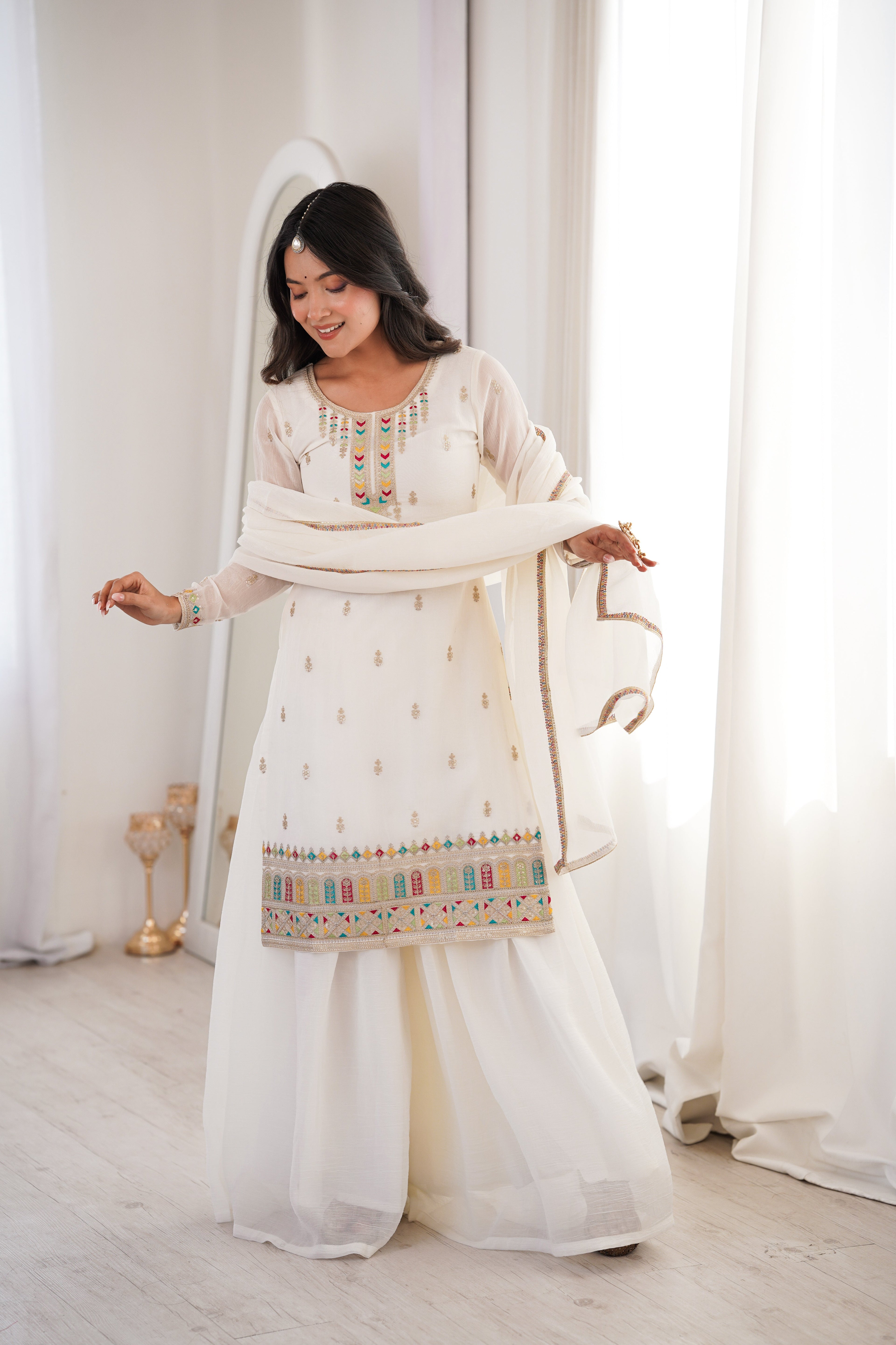 WHITE COLOR CRUNCHY SILK EMBROIDERED PLAZZO SUIT