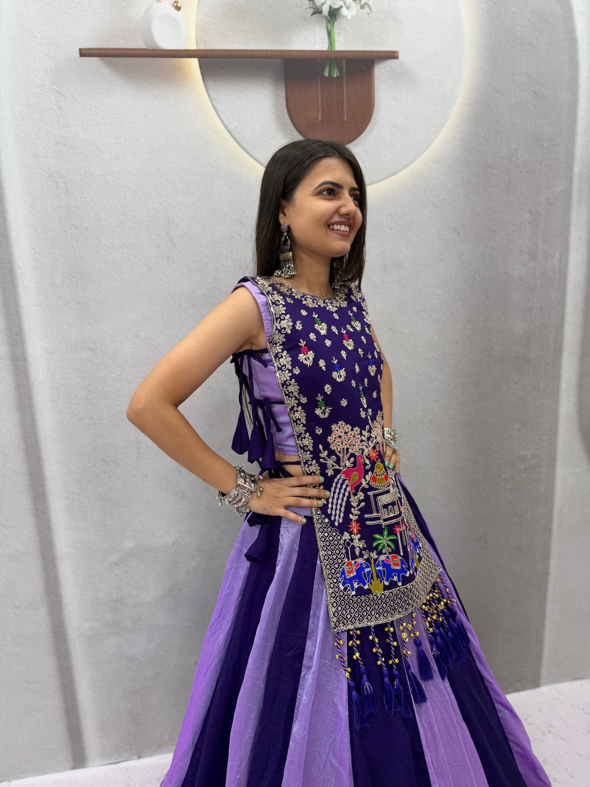 ROYAL PURPLE DUAL-TONE SILK LEHENGA CHOLI WITH EMBROIDERED TASSEL KOTI
