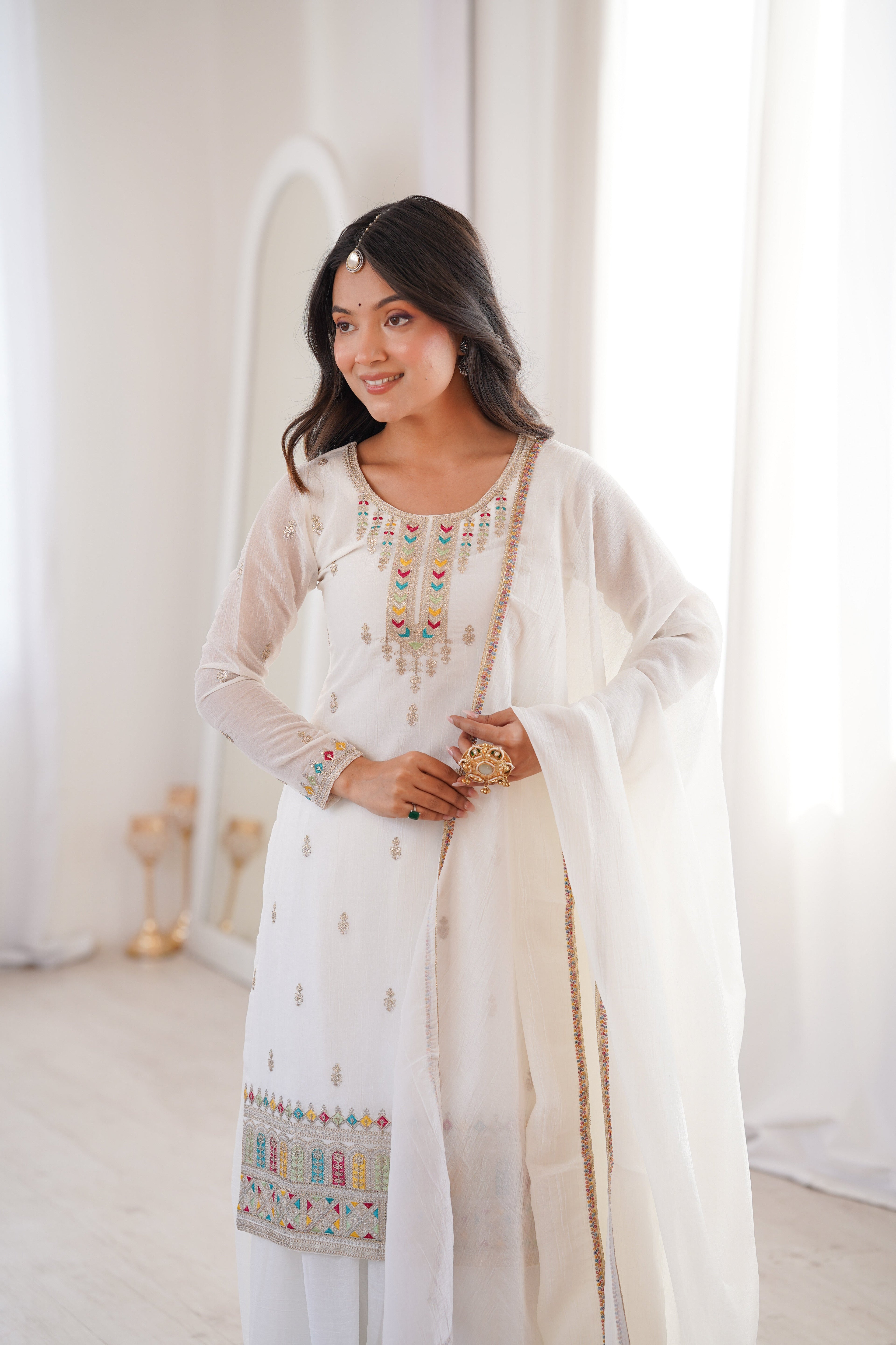 WHITE COLOR CRUNCHY SILK EMBROIDERED PLAZZO SUIT