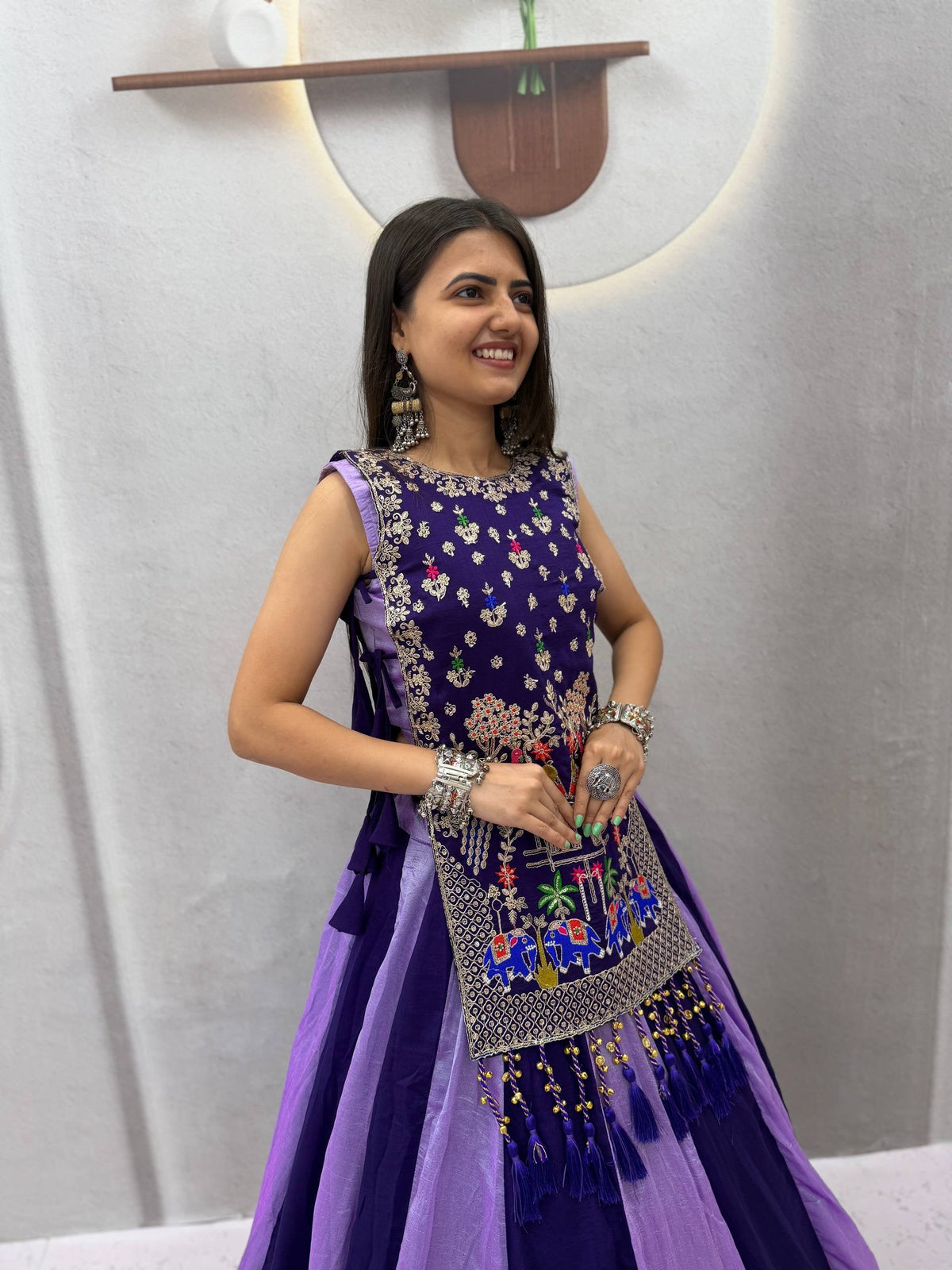 ROYAL PURPLE DUAL-TONE SILK LEHENGA CHOLI WITH EMBROIDERED TASSEL KOTI