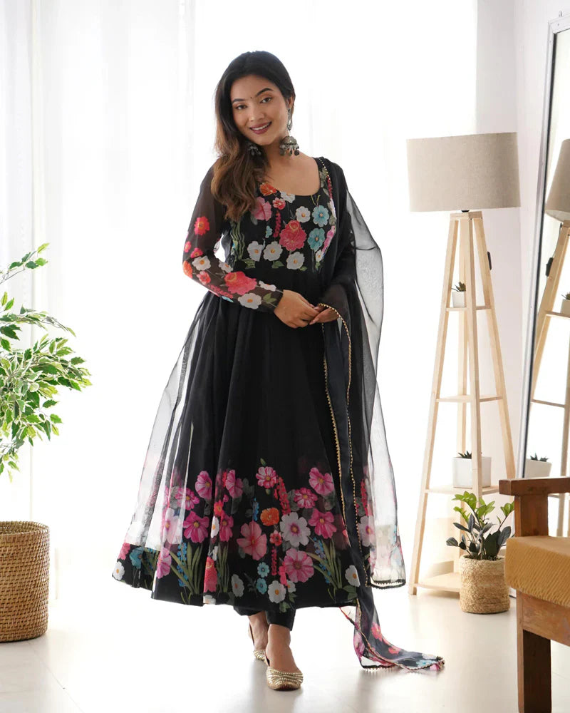 BLACK FLORAL PRINT ORGANZA THREE PIECE ANARKALI SUIT