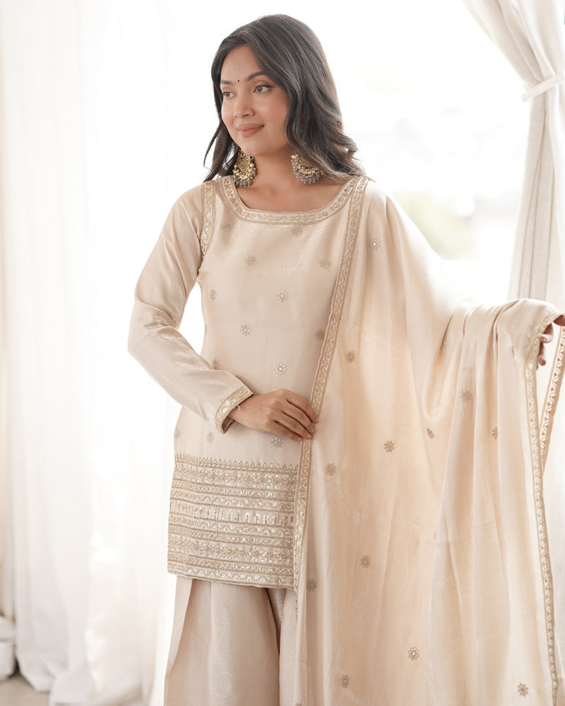 OFF WHITE COLOR ROMAN SILK EMBROIDERED FARSHI SALWAR SUIT