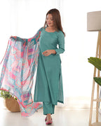 SEA GREEN COLOR VISCOSE READY TO WEAR THREE PIECE KURTI SUIT