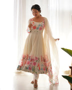 OFF WHITE FLORAL PRINT ORGANZA THREE PIECE ANARKALI SUIT
