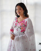 WHITE ORGANZA SILK FLORAL PRINT THREE PIECE ANARKALI SUIT
