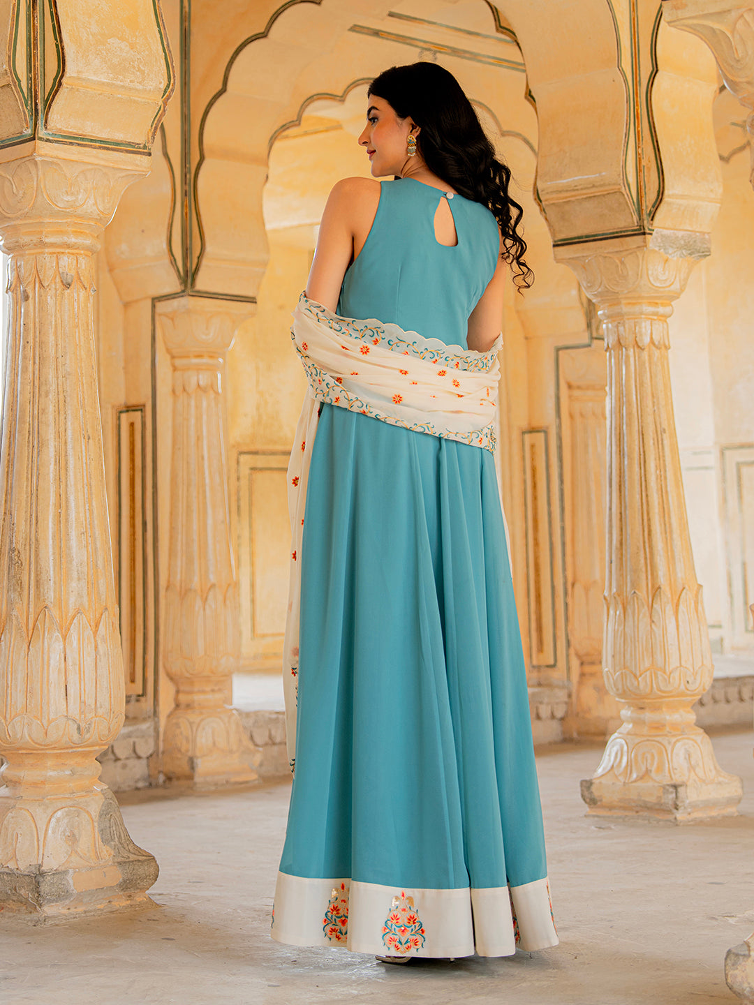 Aqua Ivory Blue Hand Embroidered Anarkali Set for Festive Wear