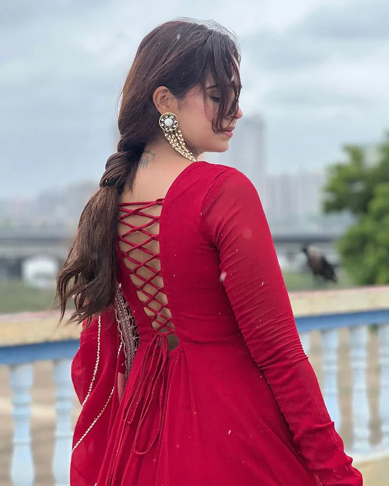 MAROON COLOR GEORGETTE ANARKALI WITH EMBROIDERED DUPATTA