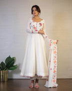 OFF WHITE FLORAL SOFT GEORGETTE THREE PIECE ANARKALI SUIT