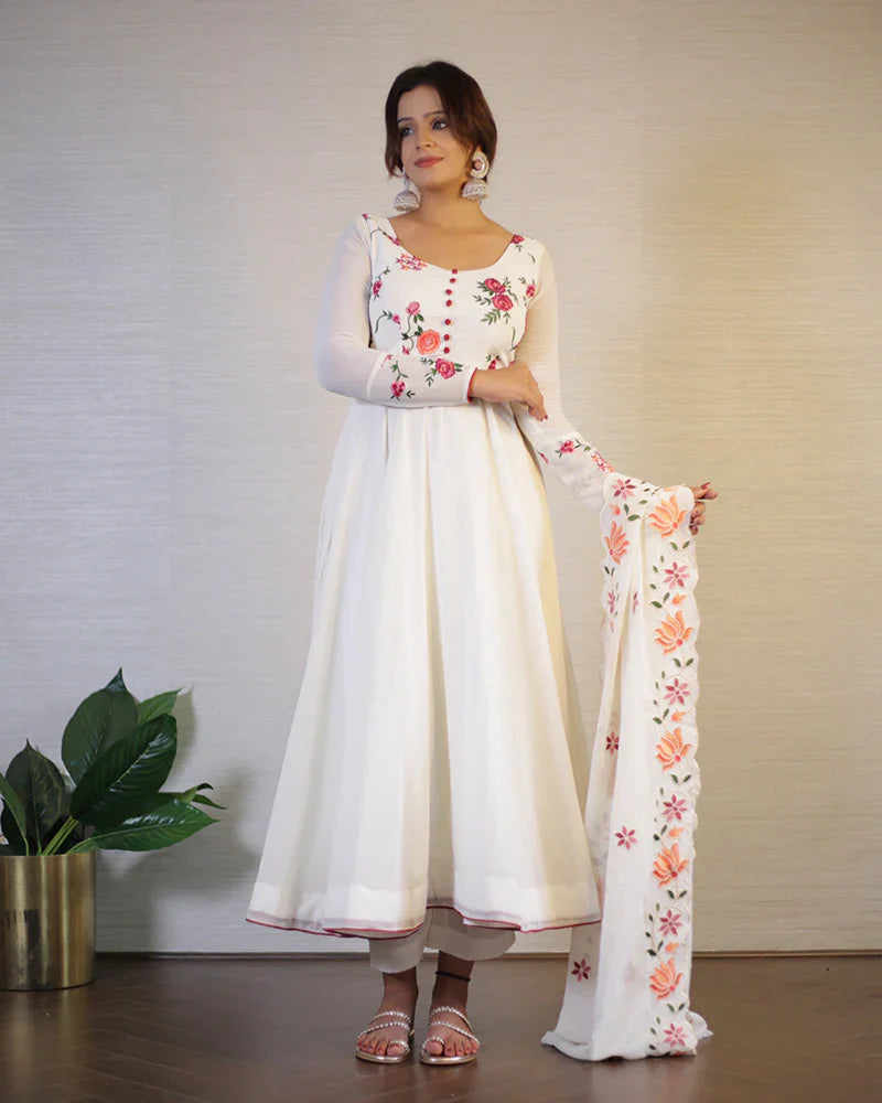 OFF WHITE FLORAL SOFT GEORGETTE THREE PIECE ANARKALI SUIT