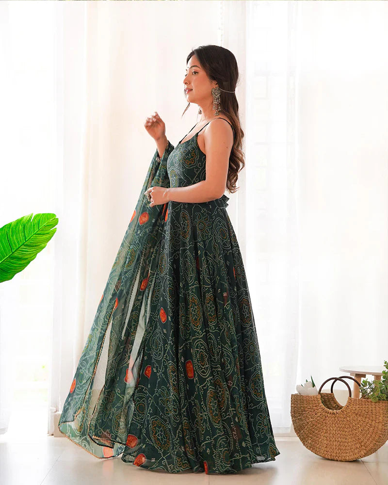 FLORAL DARK GREEN COLOR BANDHANI PRINT SOFT CHIFFON ANARKALI GOWN