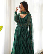 GREEN COLOR LAHERIYA PRINT GEORGETTE THREE PIECE ANARKALI SUIT